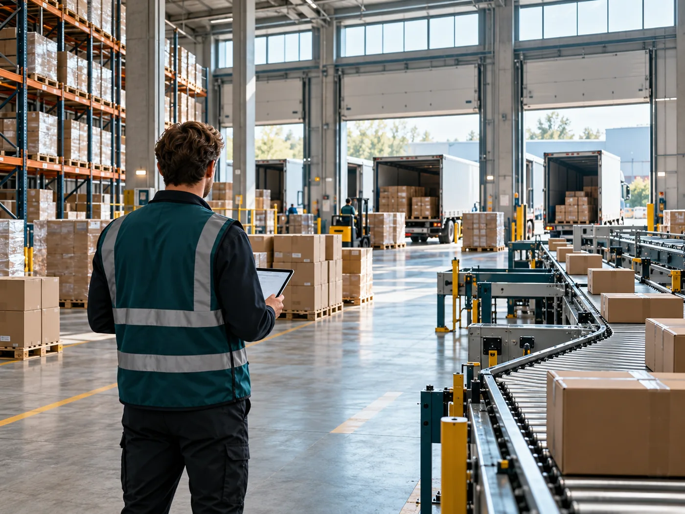 Mitarbeiter betrachtet Paket- und Palettenabläufe in einem Logistiklager